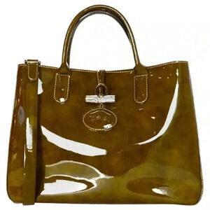 LONGCHAMP Brown Tortoise Patent Leather Large Roseau Toggle Tote